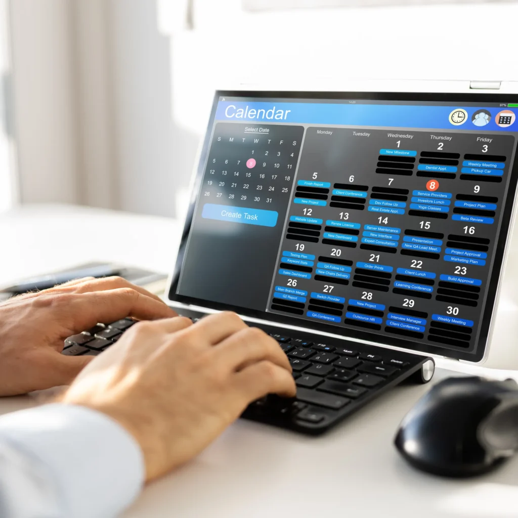 Digital dashboard of an event management platform showing a real-time venue calendar with multi-hall booking schedules and availability tracking.