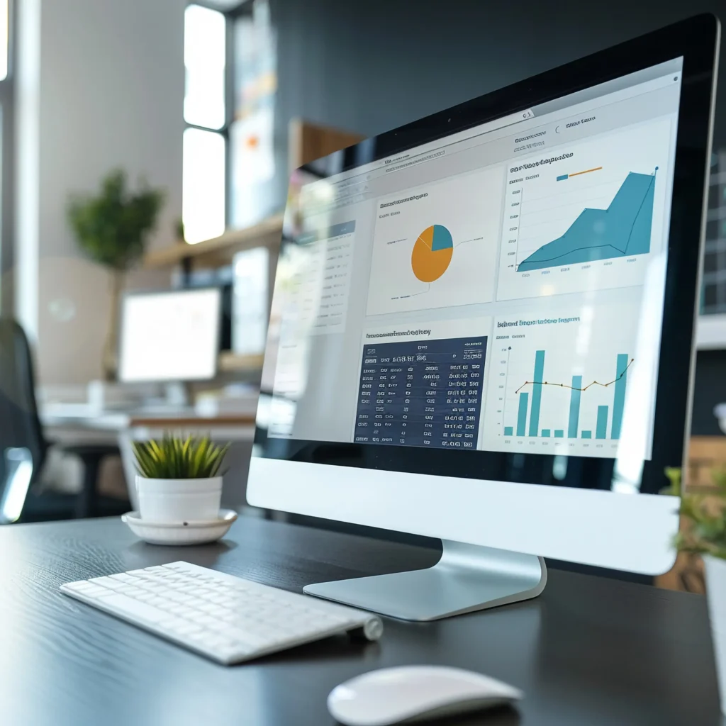 Desktop monitor displaying an event management platform CRM dashboard with visual sales pipelines, inquiry conversion charts, and lead tracking analytics.