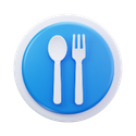 3D blue circular icon with white spoon and fork symbols representing all-in-one catering management software for menu costing and digital BEO generation.