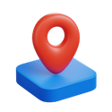3D red location pin on a blue square base representing a centralized management platform for handling multiple event venues and client bookings.