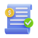 3D blue invoice icon with a gold dollar coin and green checkmark representing a hospitality catering CRM for automated payment tracking and financial reconciliation.