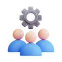 3D icon featuring three team figures and a gear representing event planning automation tools for real-time vendor management and BEO generation.